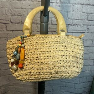 😜Capelli of New York Beige Woven Bag with Beaded Accent